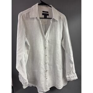 Tahari Shirt Women L Blue Stripe Linen Lagenlook Coastal Granny Hygge Boyfriend